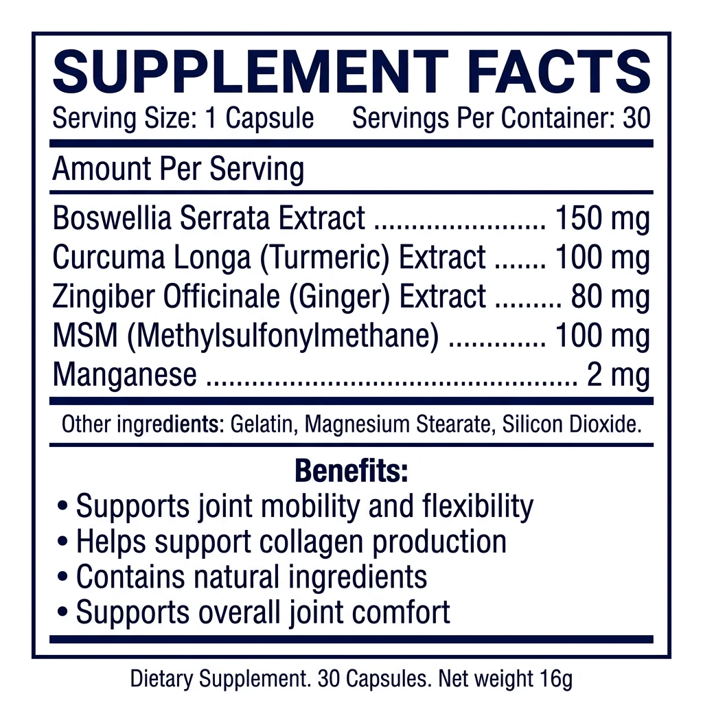 Movarex Plus skład: boswellia 150 mg, kurkuma 100 mg, imbir 80 mg, MSM 100 mg, mangan 2 mg